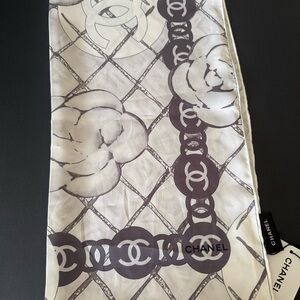 Authentic CHANEL Cream and Gray Logo Scarf